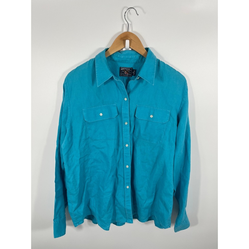 Womens 100% Linen Button Up Shirt XL Blue Resort Euro Summer Beach Vacation